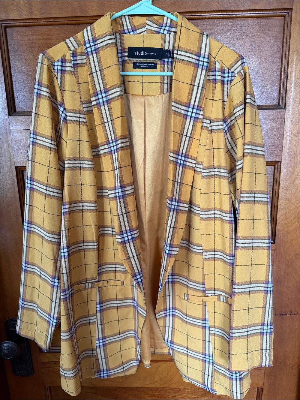 Torrid Studio Plaid Blazer in Mustard with Navy & Cream Stripes